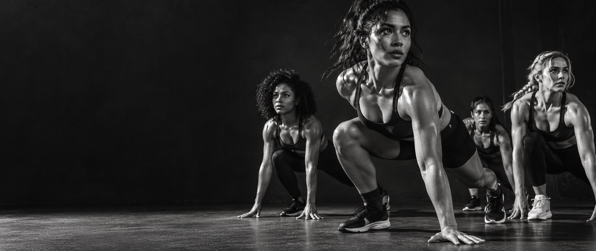 Grupo de mulheres em posição de treino, em fotografia preto e branco